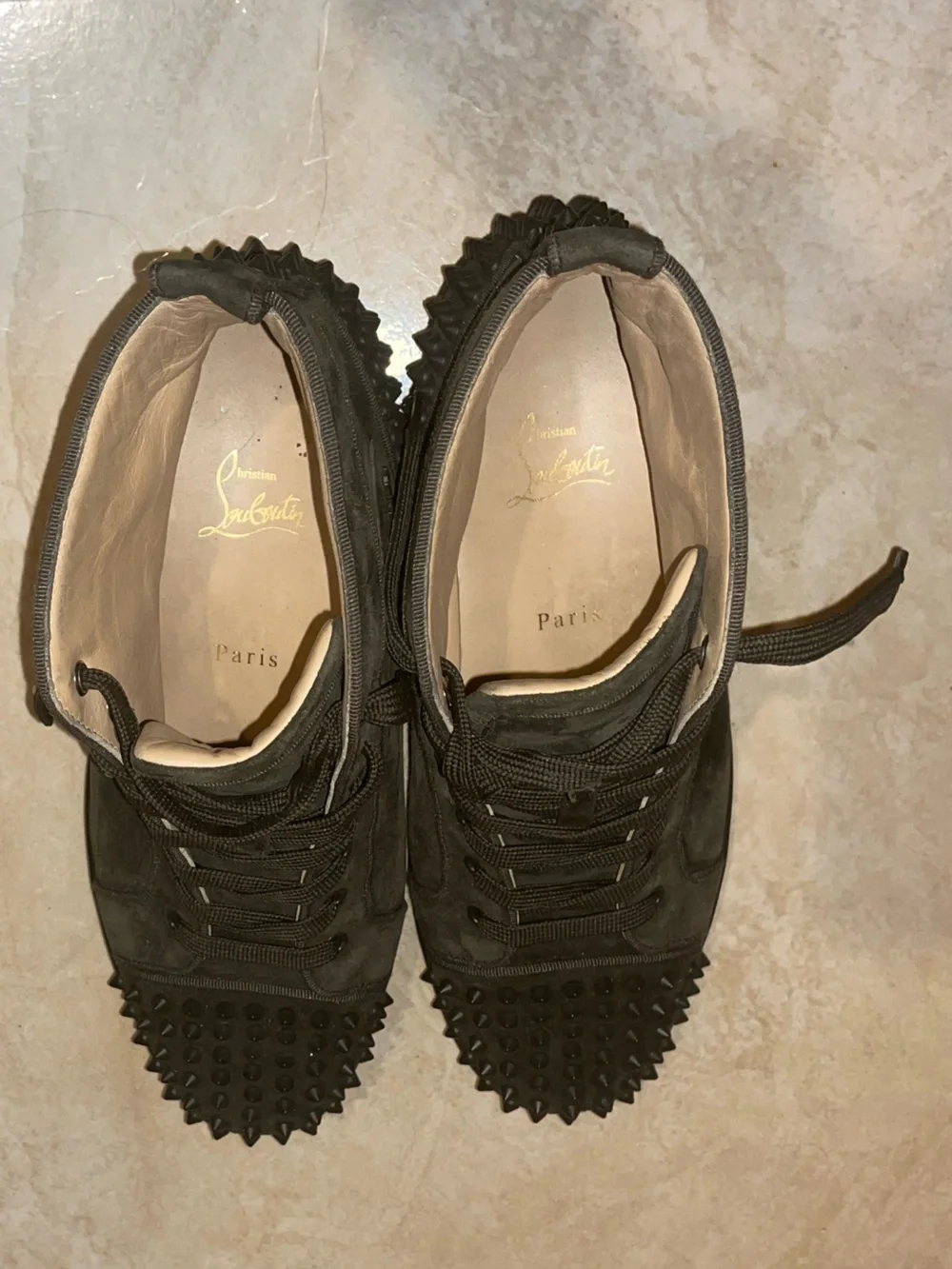 Olive green spiked Christian Louboutin Suede High Top Sneakers